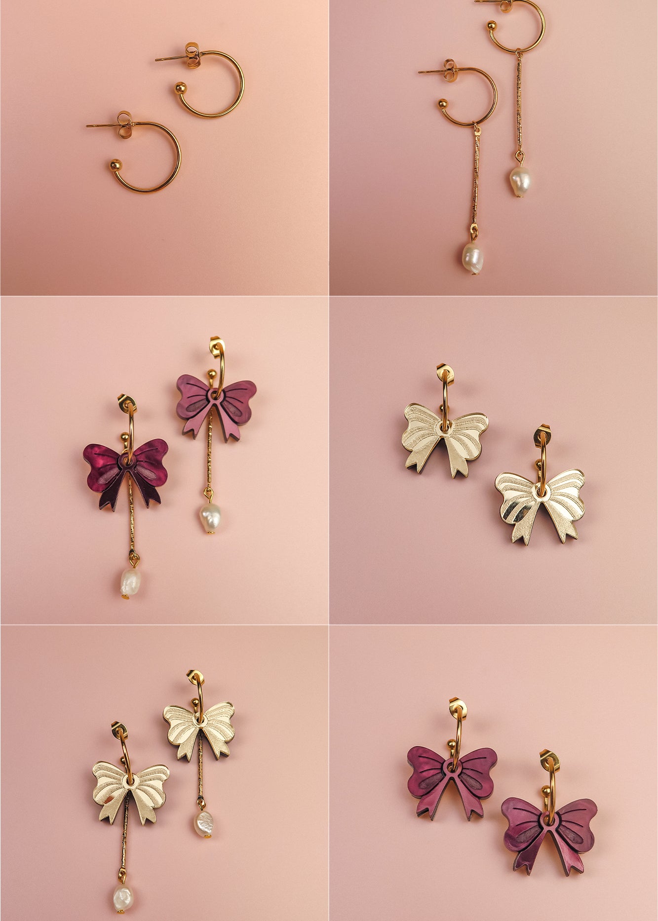 A grid of six images shows three pairs of gold-plated and purple bow earrings, each arranged front and back on a soft pink background. Some earrings feature freshwater pearl or chain accents for a refined touch.