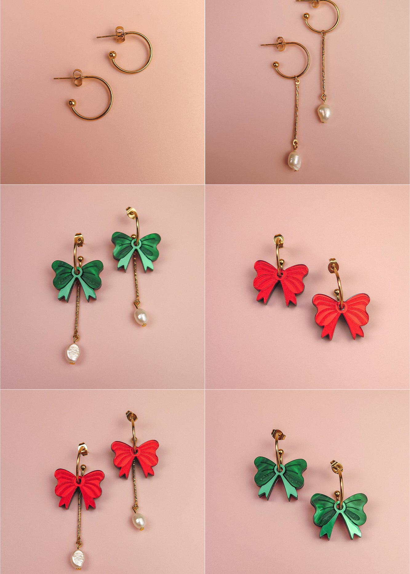 A grid of six pairs of interchangeable dangle earrings on a pink background, featuring gold-plated c-hoops, gold hoops with freshwater pearls, green and red bow charms, and playful combinations of bows and pearls.