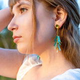 A young woman with light brown hair, wearing a white top and featherlight dangle earrings shaped like colorful feathers, gazes thoughtfully into the distance in soft natural light.